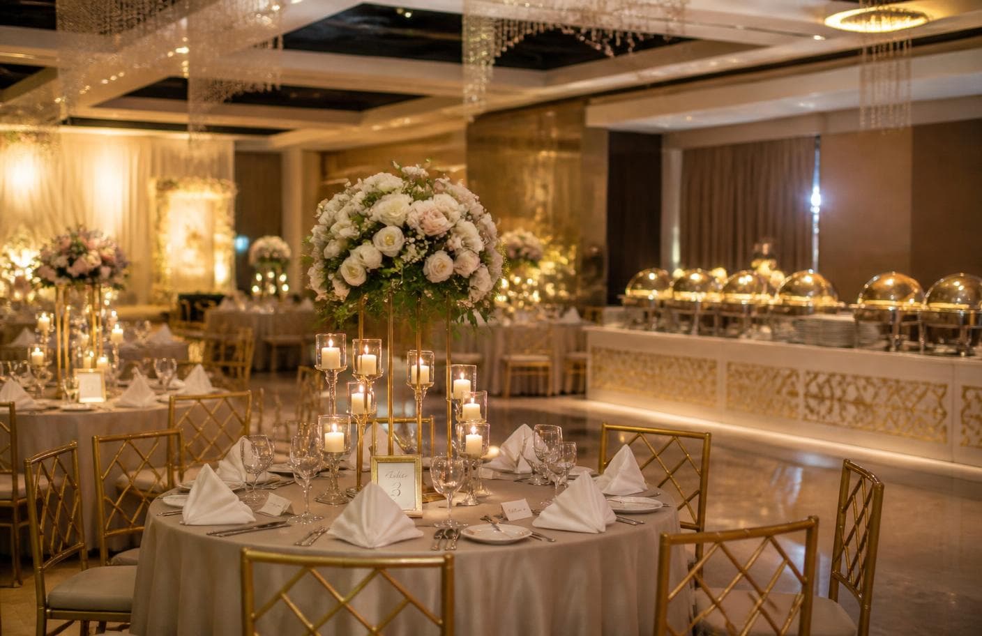 A decorated venue ready for a wedding feast
